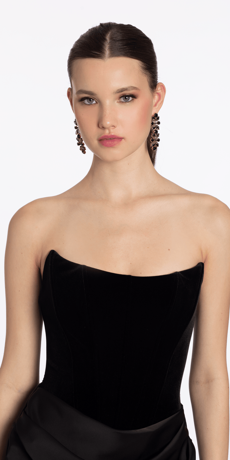 Strapless Velvet Corset Satin Column Dress with Ruching - Camille La Vie
