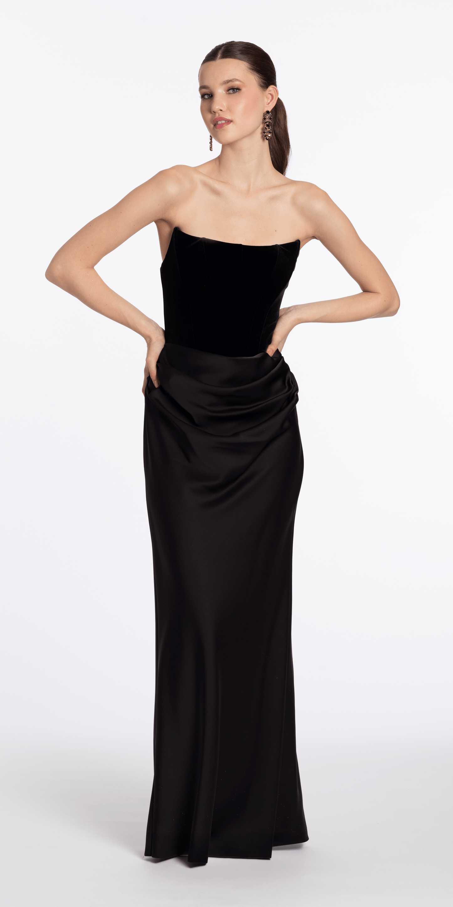 Strapless Velvet Corset Satin Column Dress with Ruching - Camille La Vie