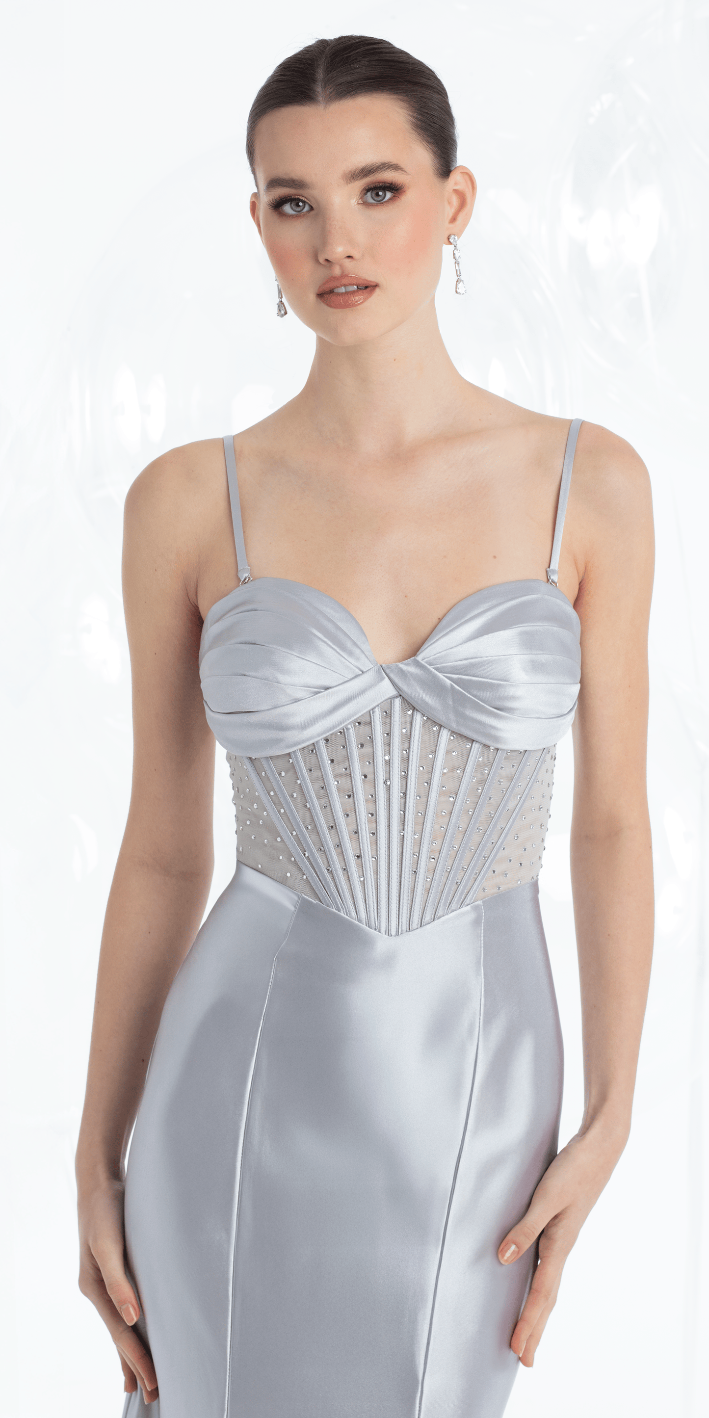 Sweetheart Satin Illusion Corset Trumpet Dress with Heat Set Beads - Camille La Vie