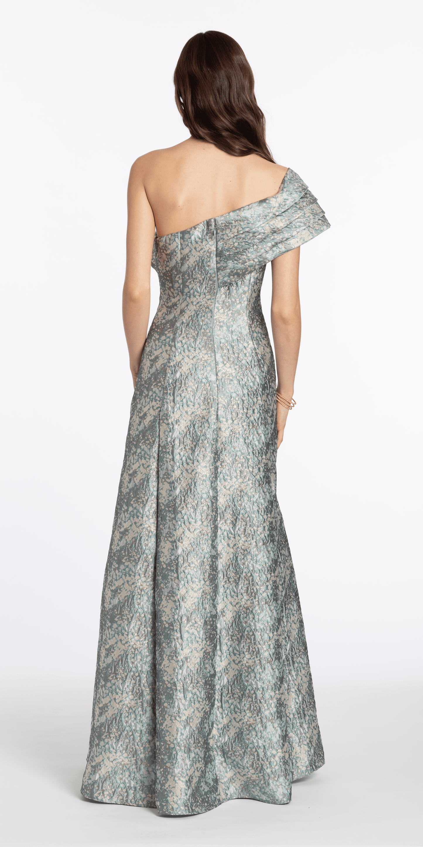 sage/size/4/missy/Camille La Vie/Pleated One Shoulder Floral Brocade A Line Dress/back