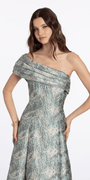 sage/size/4/missy/Camille La Vie/Pleated One Shoulder Floral Brocade A Line Dress/close up