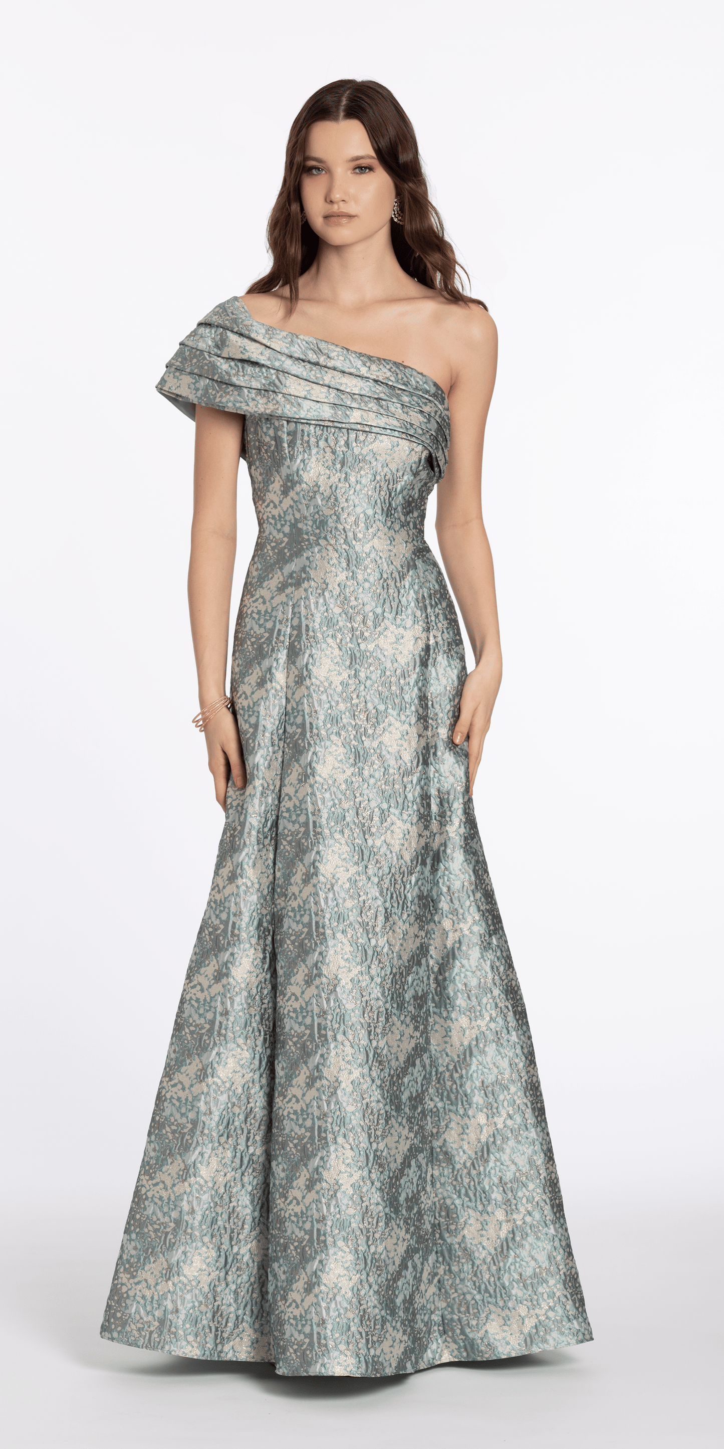 sage/size/4/missy/Camille La Vie/Pleated One Shoulder Floral Brocade A Line Dress/front