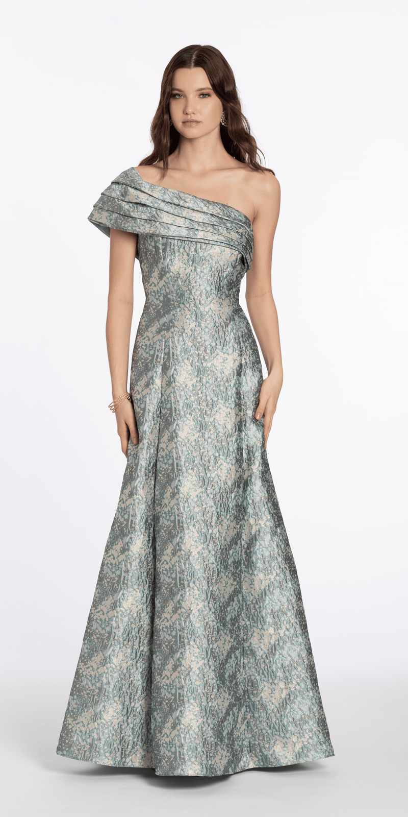 sage/size/4/missy/Camille La Vie/Pleated One Shoulder Floral Brocade A Line Dress/front