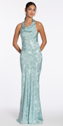 Drape Neck Tie Back Jacquard Column Dress - Camille La Vie