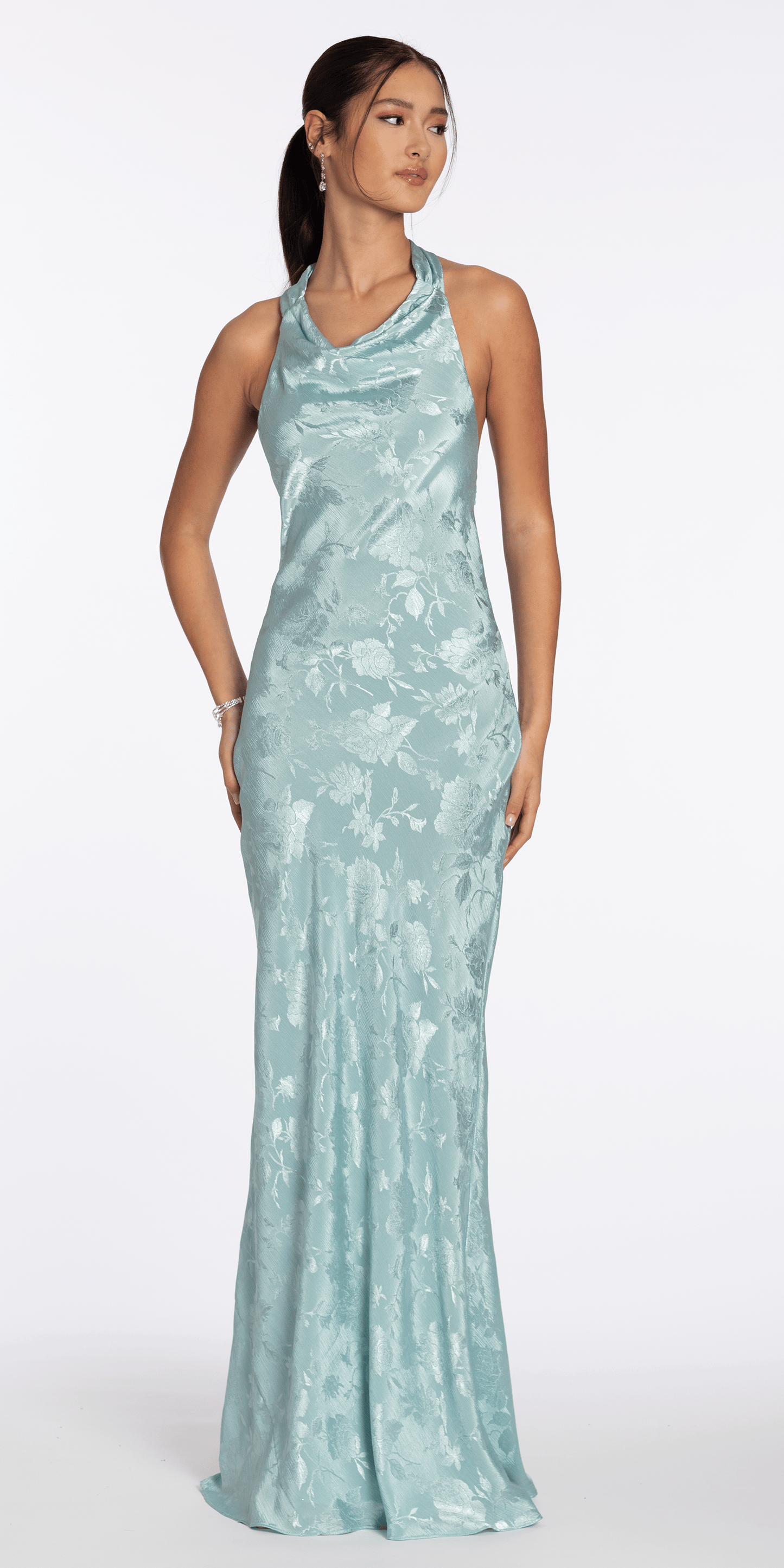 Drape Neck Tie Back Jacquard Column Dress - Camille La Vie