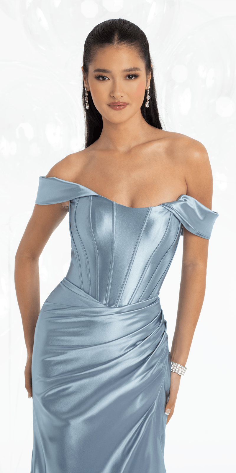 Stretch Satin Off the Shoulder Corset Trumpet Dress - Camille La Vie