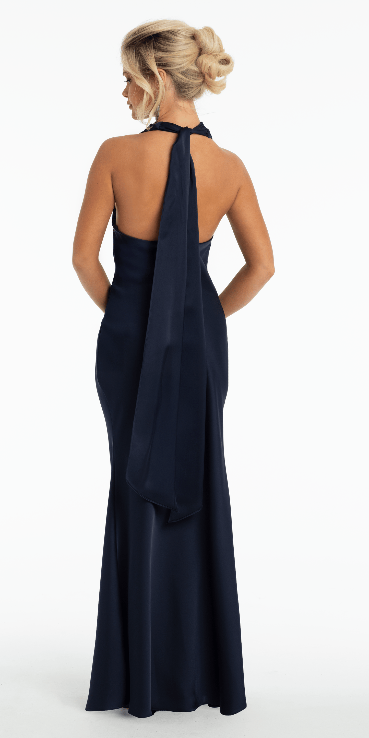Satin Drape Halter Tie Neck Column Dress with Brooch - Camille La Vie