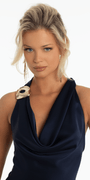 Satin Drape Halter Tie Neck Column Dress with Brooch - Camille La Vie