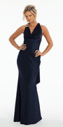 Satin Drape Halter Tie Neck Column Dress with Brooch - Camille La Vie