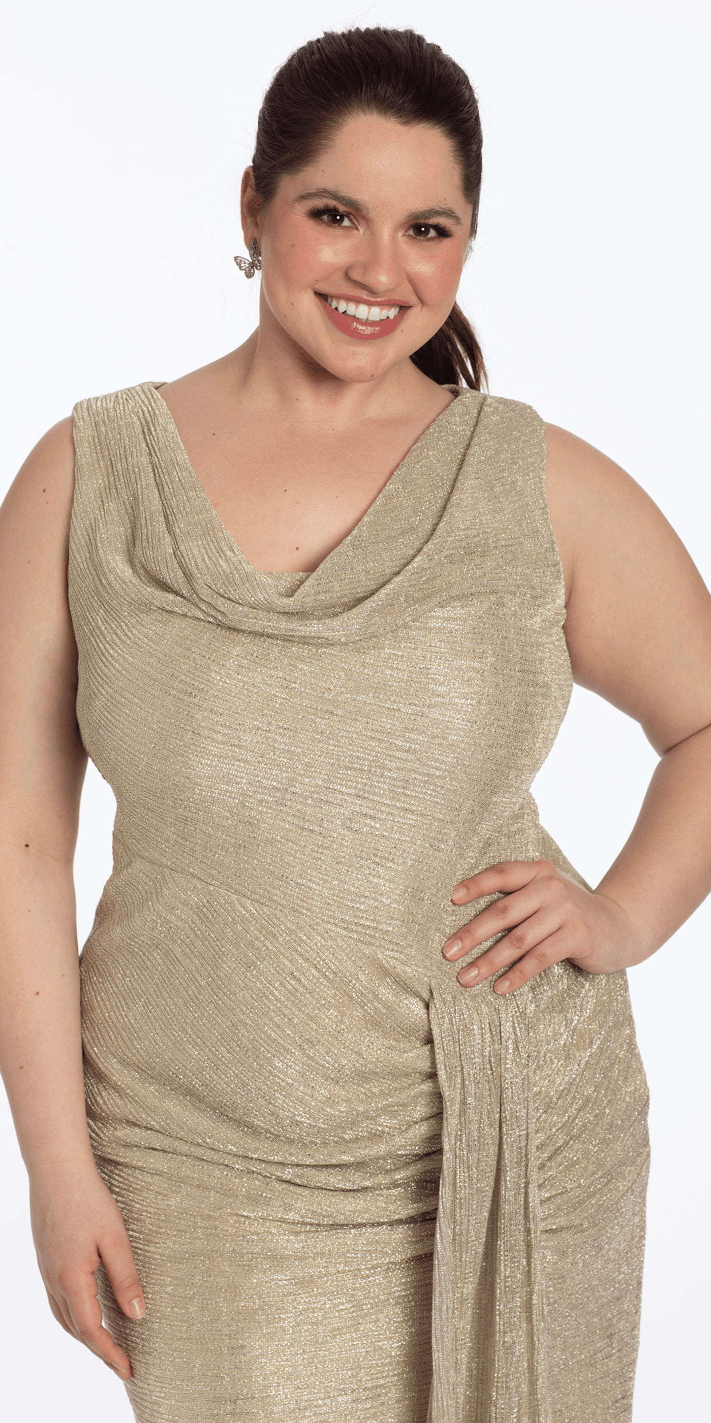 Metallic Cowl Neck Column Dress with Ruching and Tendril - Camille La Vie