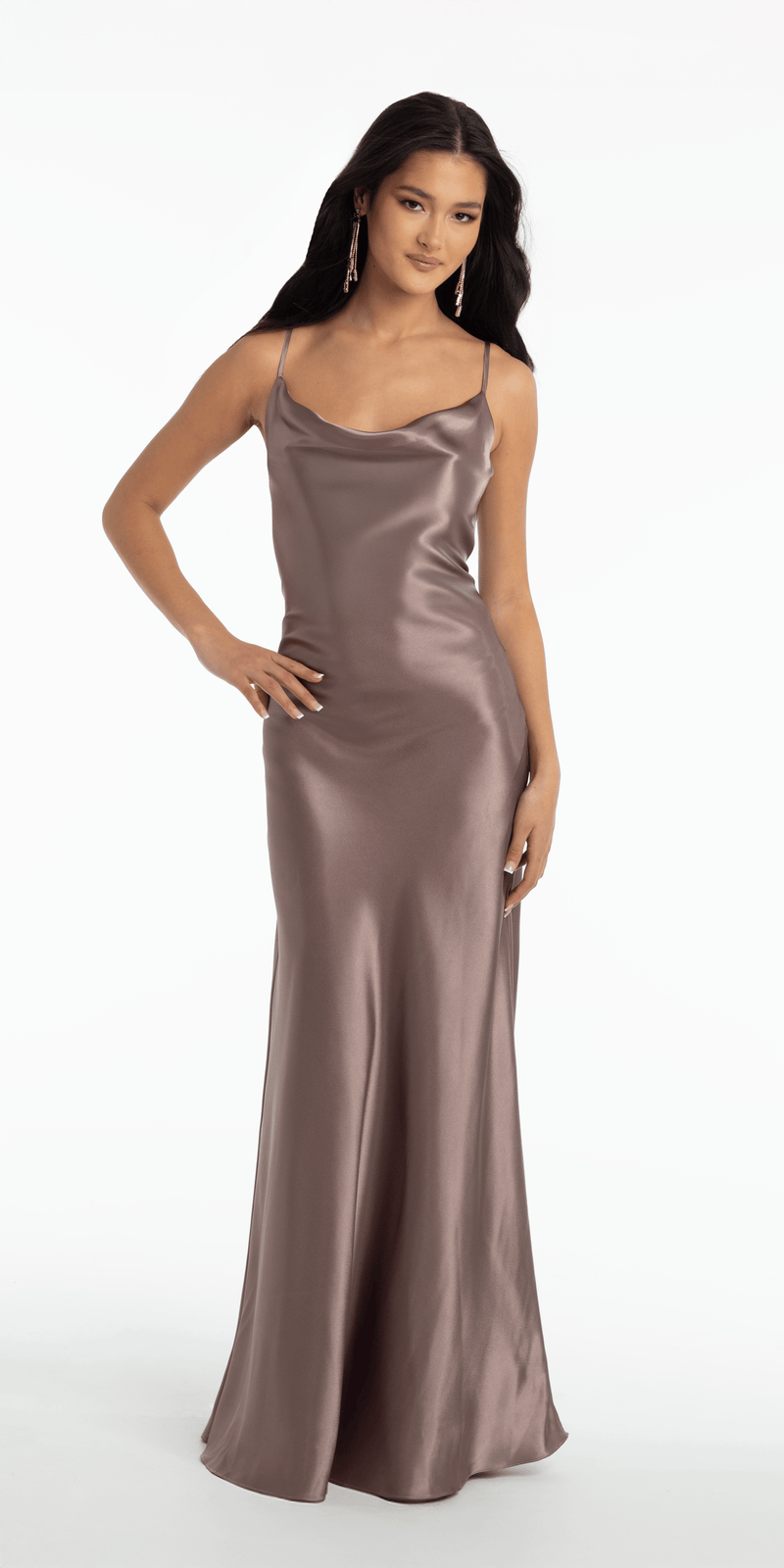 Open Tie Back Satin Cowl Neck Column Dress - Camille La Vie