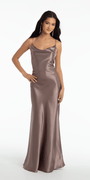Open Tie Back Satin Cowl Neck Column Dress - Camille La Vie