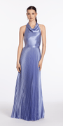 Satin Pleated Cowl Tie Back Halter Dress - Camille La Vie