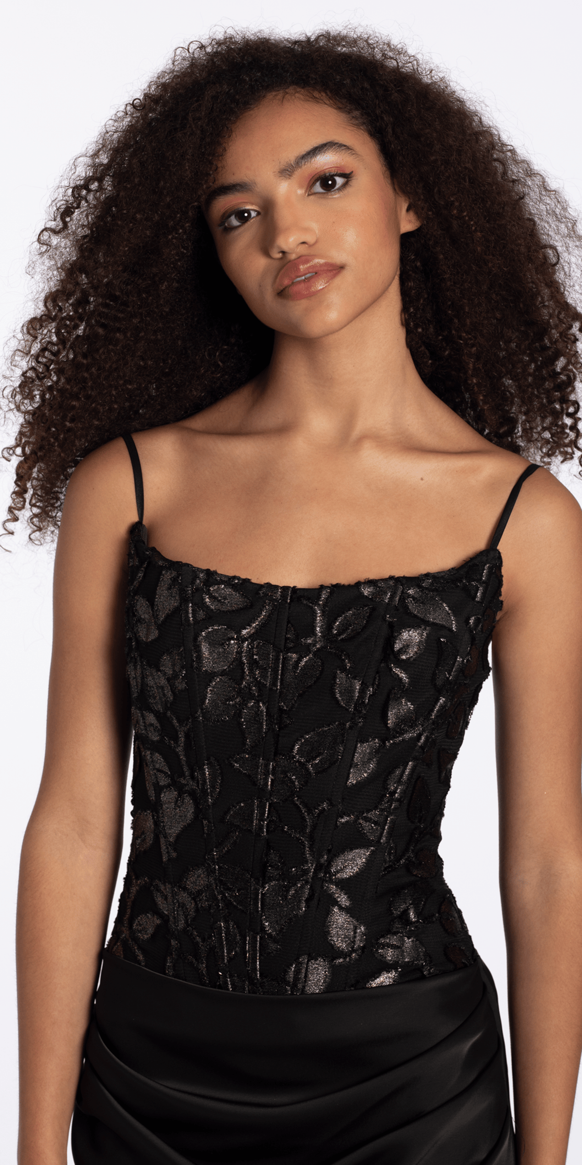 black-nude/size/4/missy//Camille La Vie Strapless Burnout Corset Lace Up Back Satin Column Dress/close up