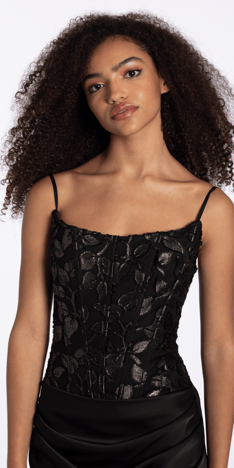 black-nude/size/4/missy//Camille La Vie Strapless Burnout Corset Lace Up Back Satin Column Dress/close up