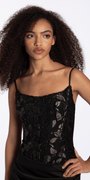 black-nude/size/4/missy//Camille La Vie Strapless Burnout Corset Lace Up Back Satin Column Dress/close up alt