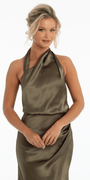 Satin Asymmetrical Neck Blouson Column Dress with Back Ruching - Camille La Vie
