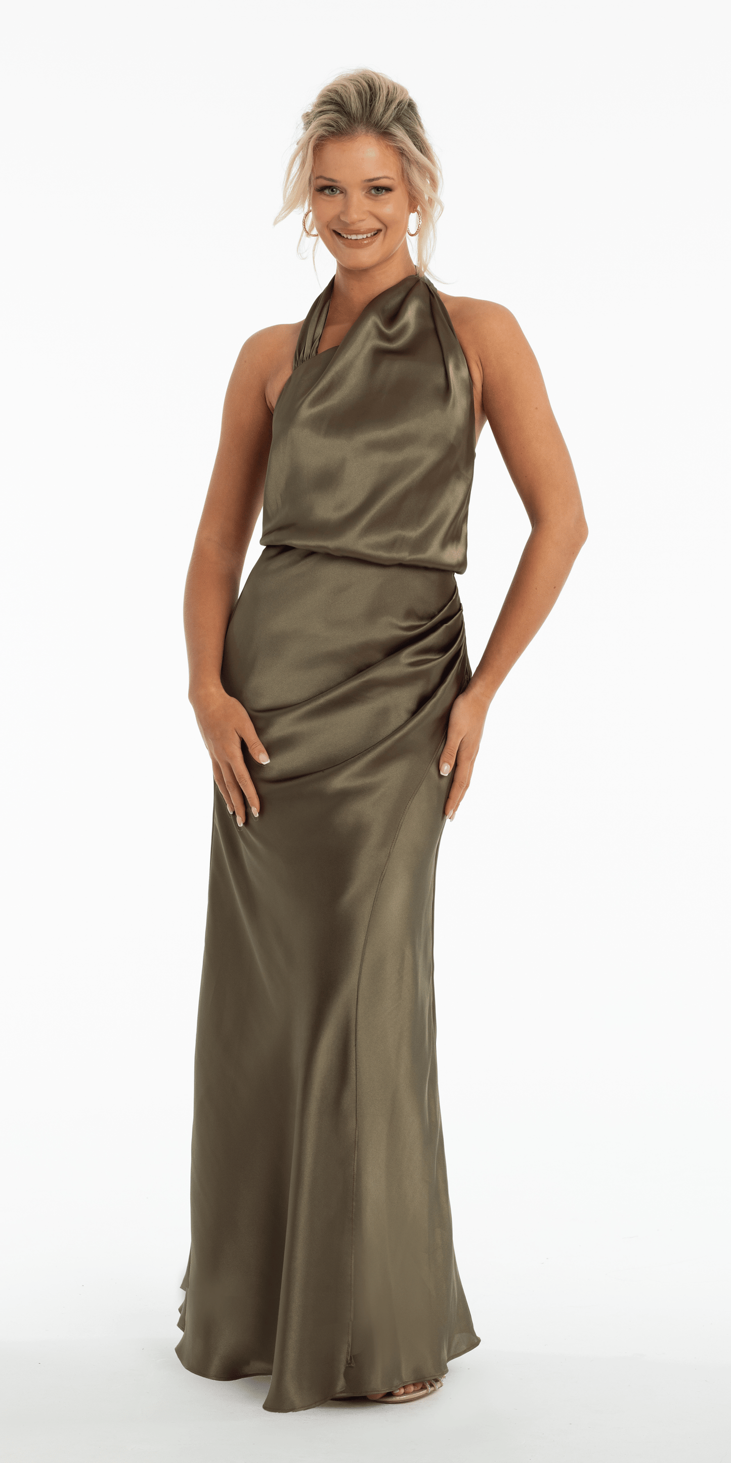 Satin Asymmetrical Neck Blouson Column Dress with Back Ruching - Camille La Vie