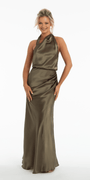 Satin Asymmetrical Neck Blouson Column Dress with Back Ruching - Camille La Vie