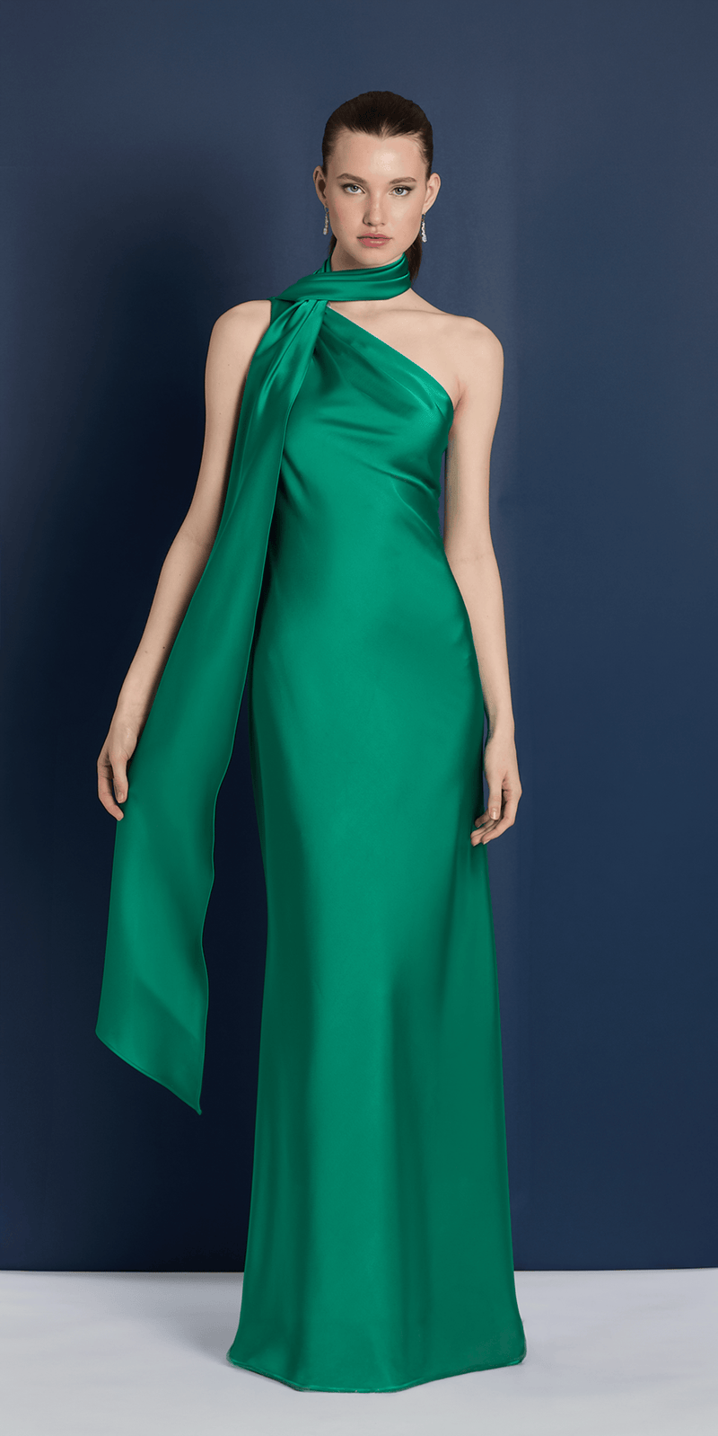 Camille La Vie Satin One Shoulder Column Dress with a Mock Wrap Scarf
