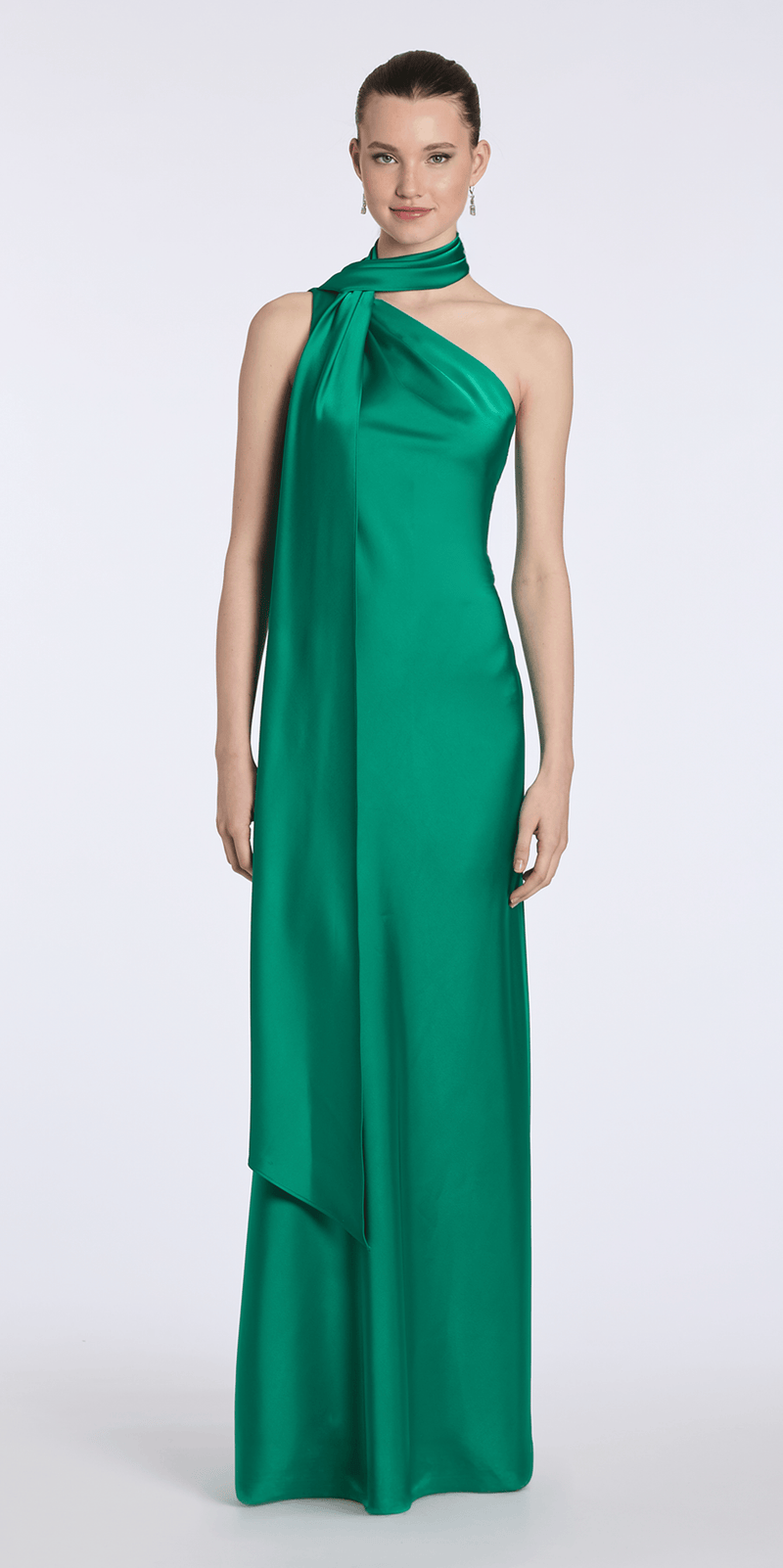 Camille La Vie Satin One Shoulder Column Dress with a Mock Wrap Scarf missy / 0 / emerald