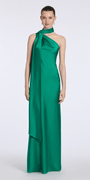Camille La Vie Satin One Shoulder Column Dress with a Mock Wrap Scarf missy / 0 / emerald