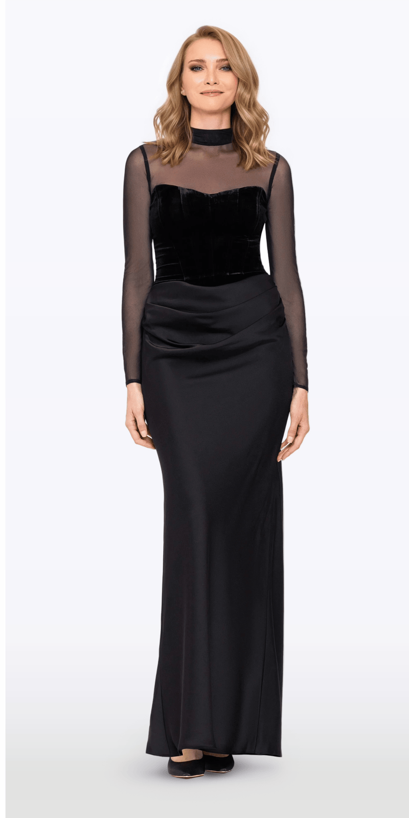 Camille La Vie Mock Neck Illusion Long Sleeve Velvet and Satin Column Dress missy / 4 / black