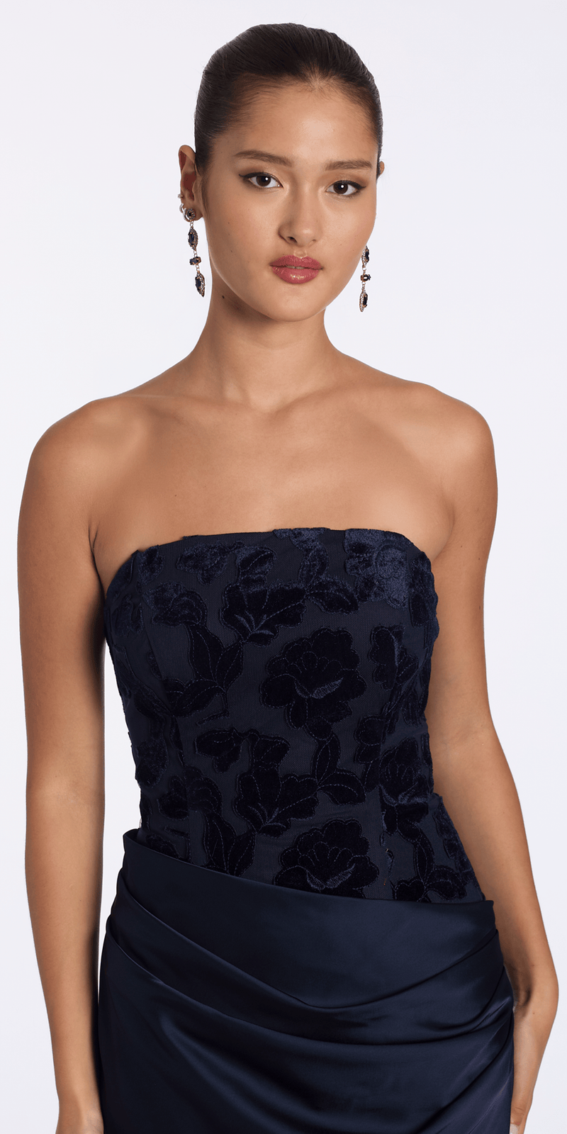 Camille La Vie Square Neck Velvet Illusion Corset Satin Column Dress