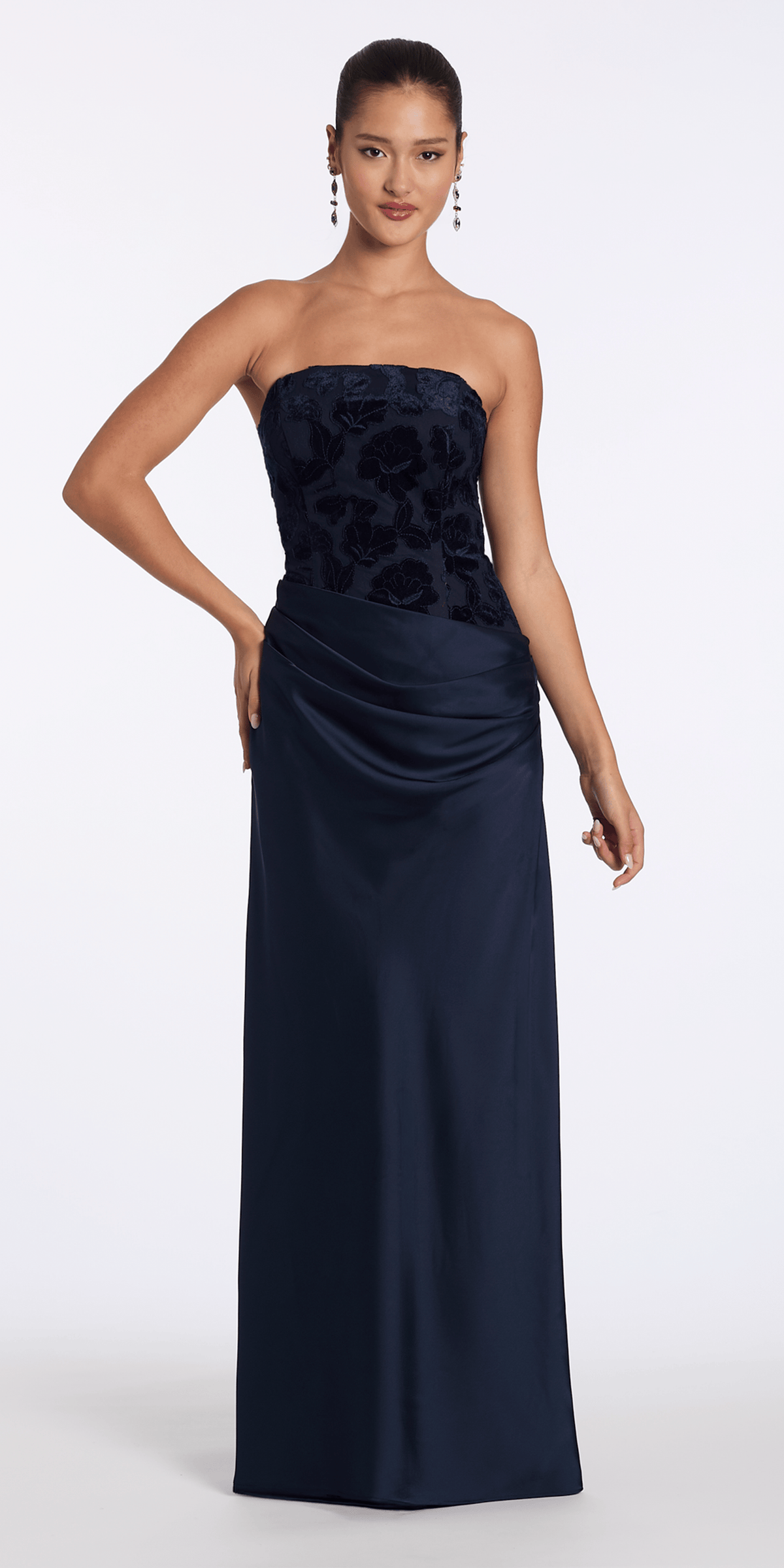 Camille La Vie Square Neck Velvet Illusion Corset Satin Column Dress