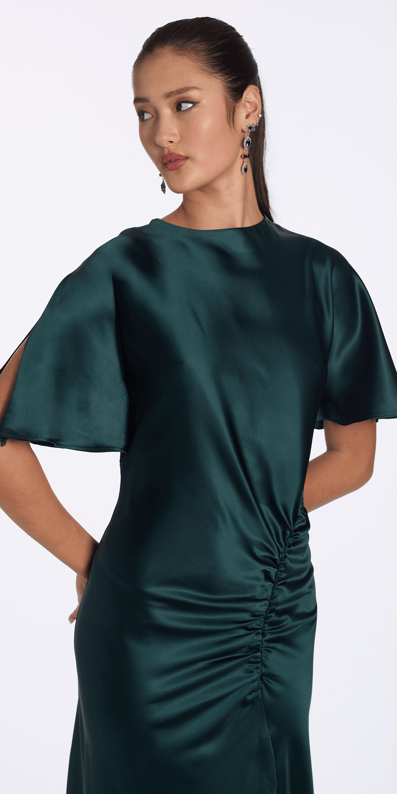 Camille La Vie Satin Jewel Neck Flutter Sleeve Column Dress with Side Slit