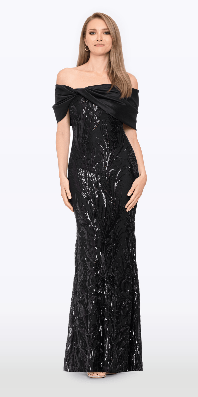 Camille La Vie Taffeta Twist Off the Shoulder Embellished Mesh Trumpet Dress missy / 4 / black