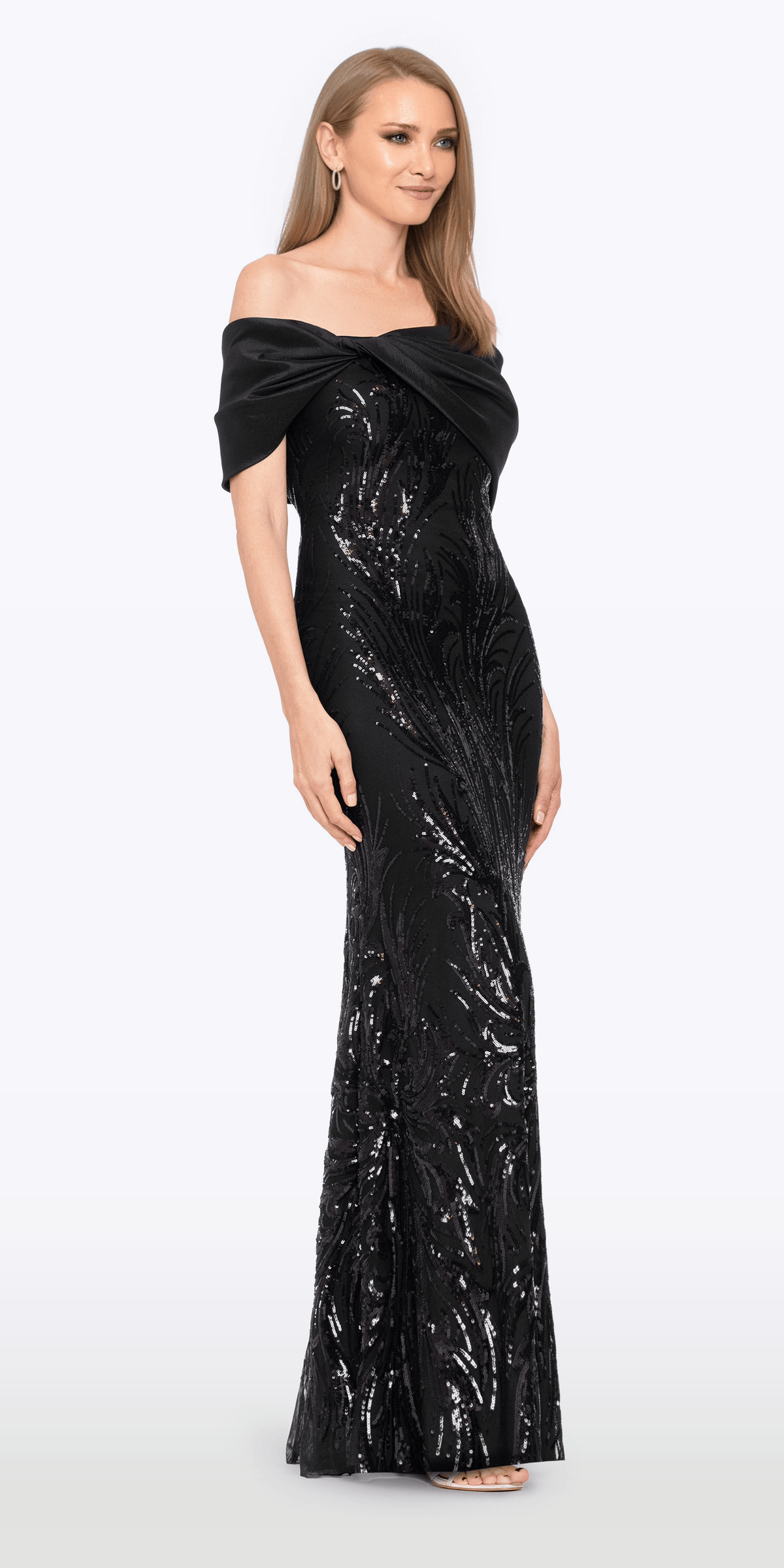 Camille La Vie Taffeta Twist Off the Shoulder Embellished Mesh Trumpet Dress