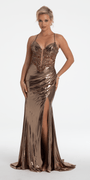 Metallic Foil Plunge Corset Trumpet Dress with Shawl - Camille La Vie