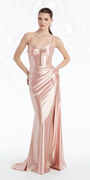 Pleated Plunge Stretch Satin Column Dress with Side Ruching - Camille La Vie