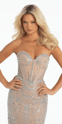 Rhinestone Illusion Strapless Glitter Corset Trumpet Dress with Shawl - Camille La Vie