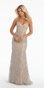 Rhinestone Illusion Strapless Glitter Corset Trumpet Dress with Shawl - Camille La Vie