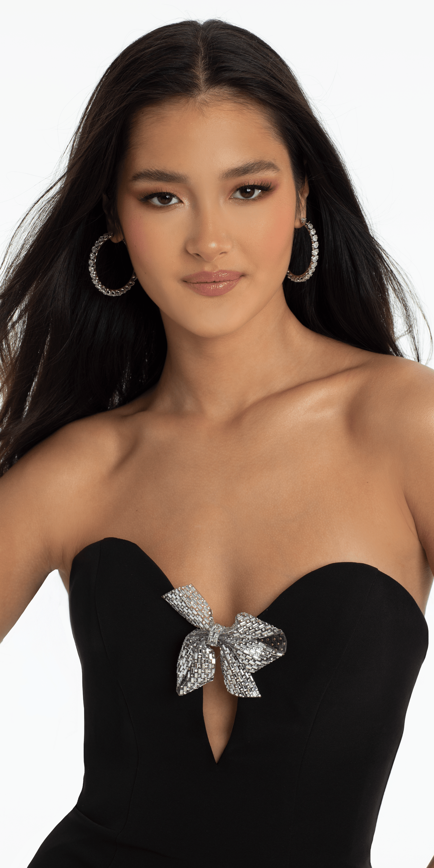 Strapless Crepe Trumpet Dress with Organza Bow Back and Shawl - Camille La Vie