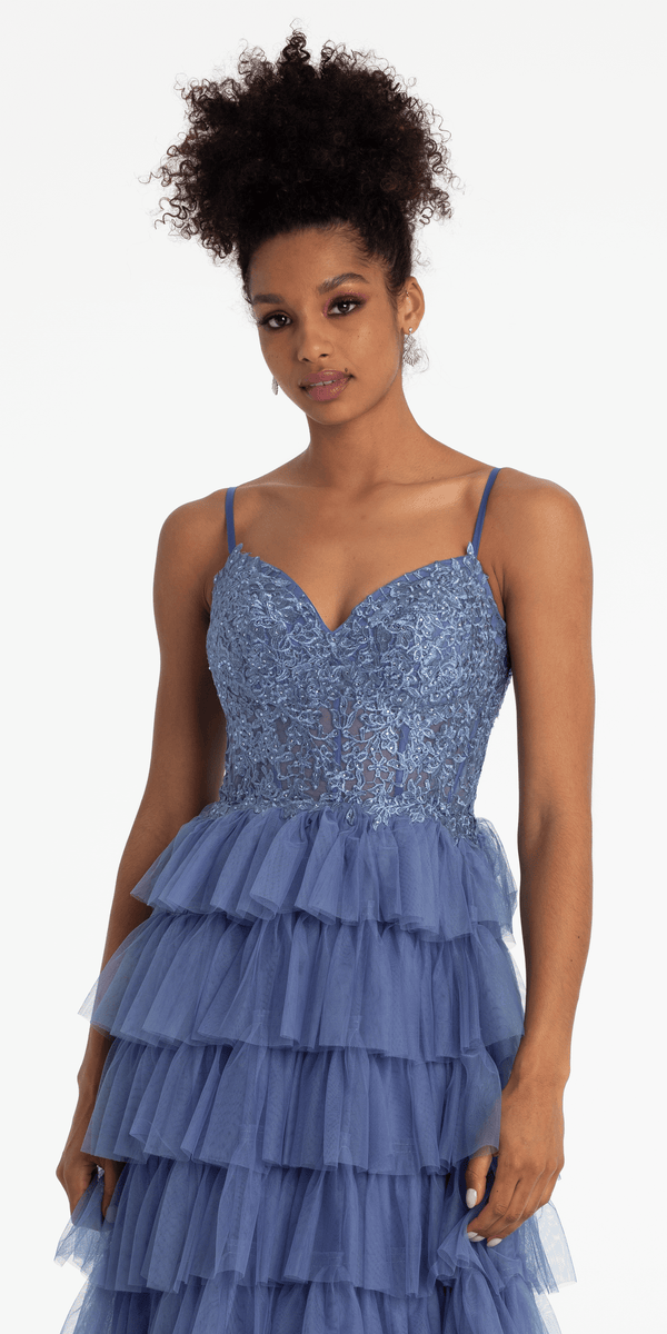 Mesh Tiered Corset Keyhole Back Ballgown - Camille La Vie