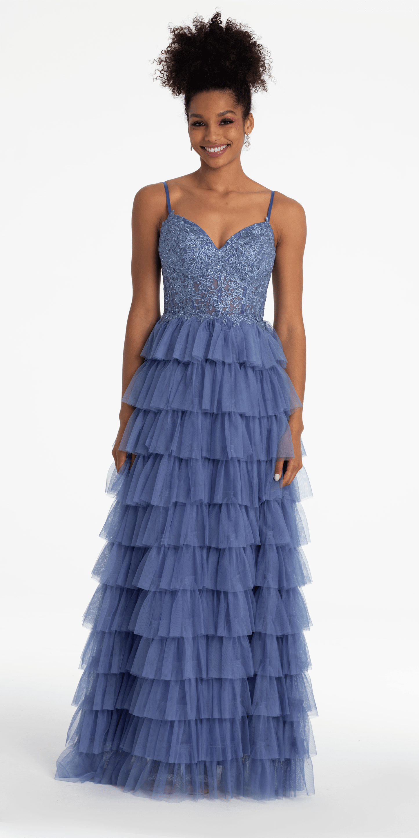Mesh Tiered Corset Keyhole Back Ballgown - Camille La Vie