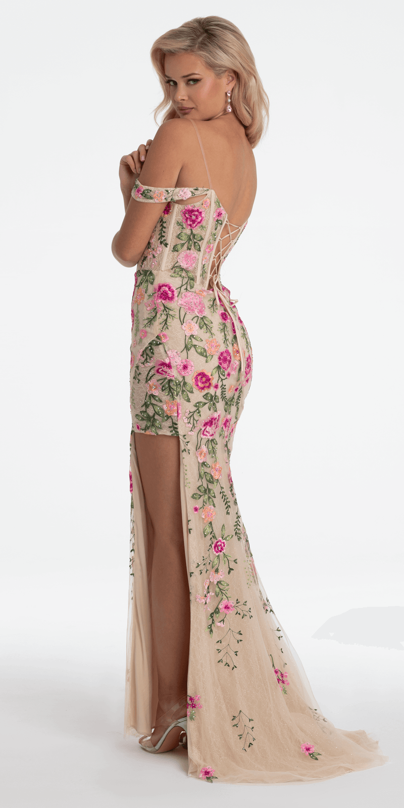 Off the Shoulder Floral Embroidered Column Dress - Camille La Vie