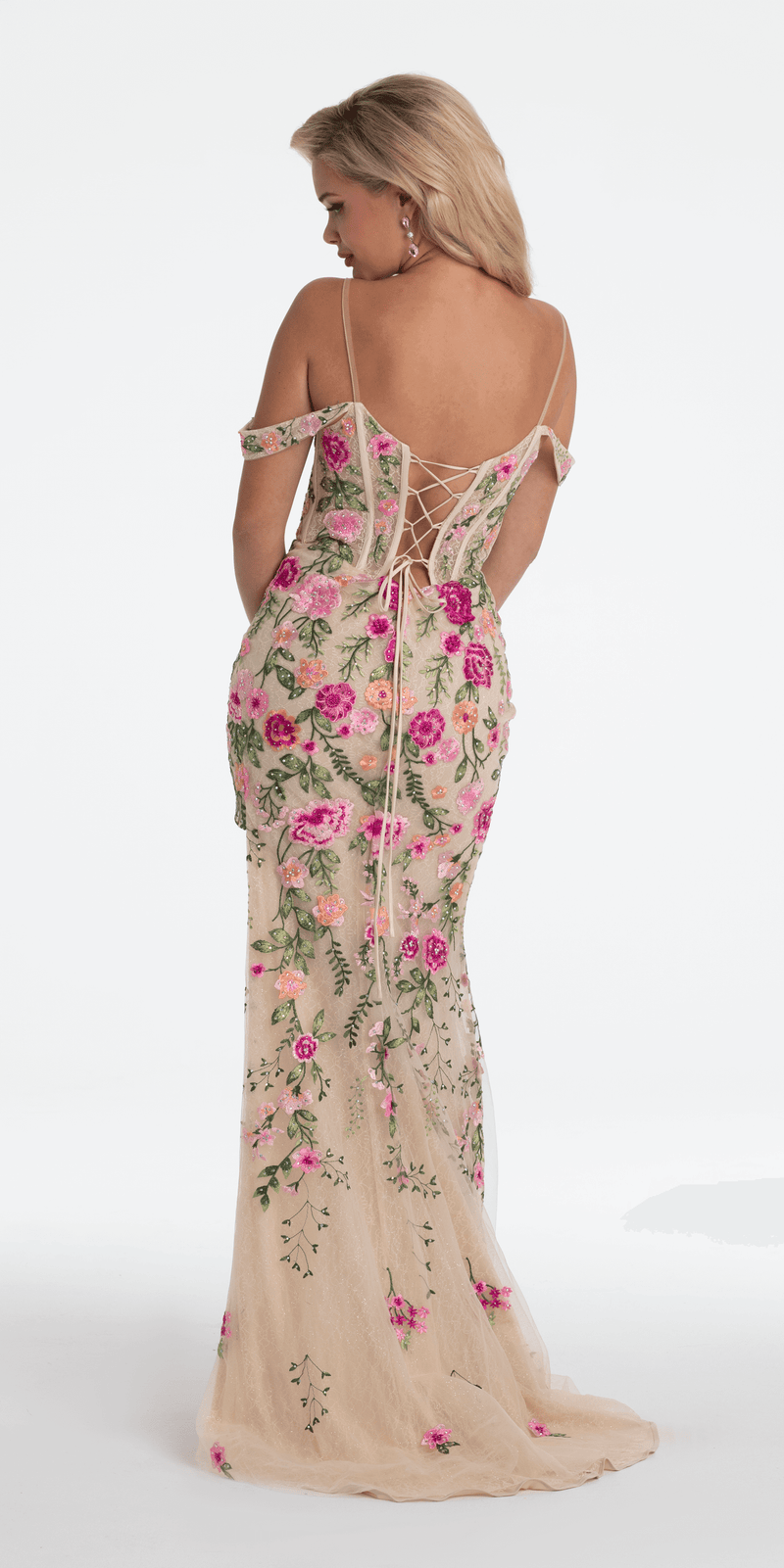 fuchsia/size/4/missy/Camille La Vie/Off the Shoulder Floral Embroidered Column Dress/back alt
