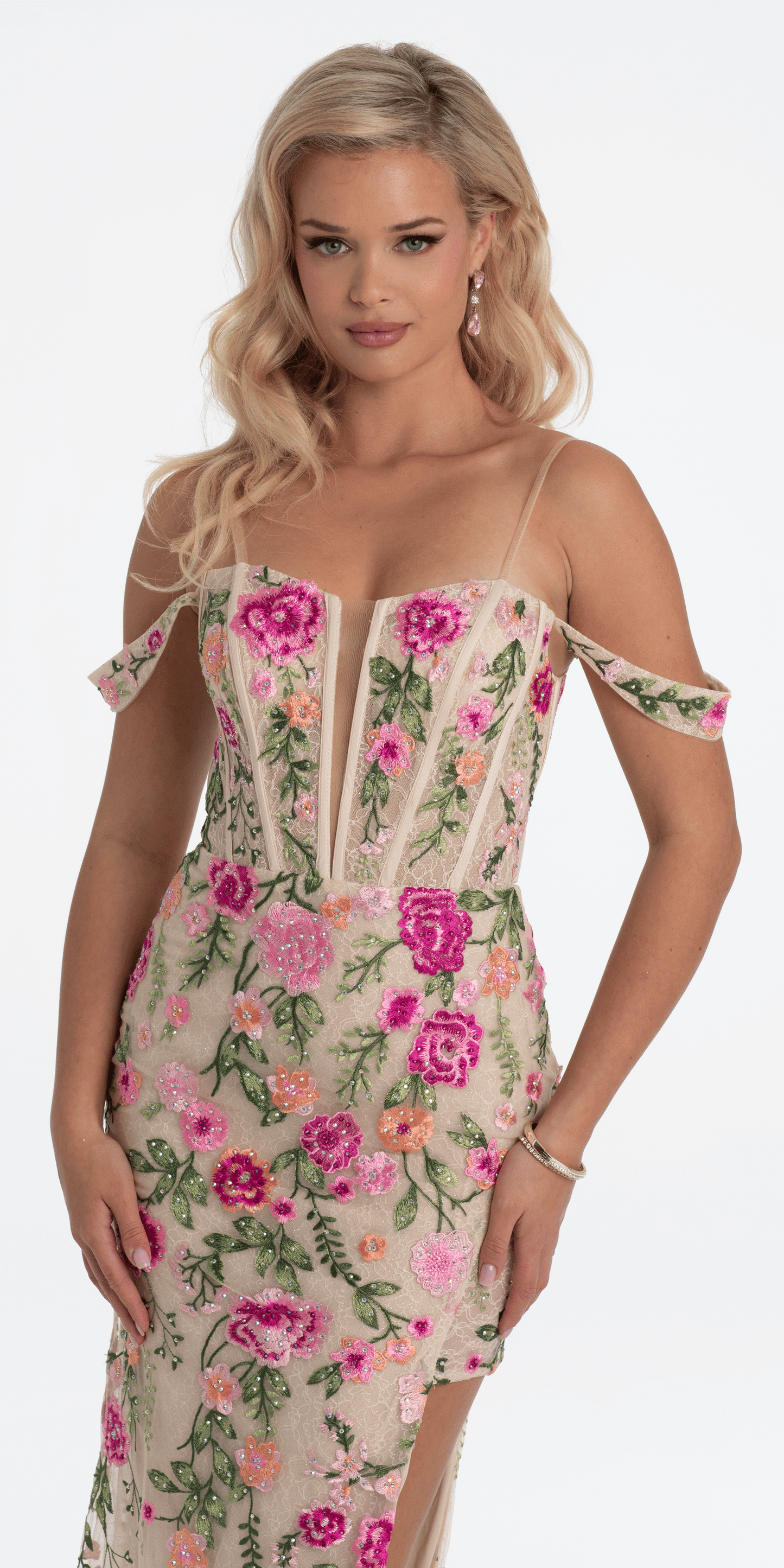 Off the Shoulder Floral Embroidered Column Dress - Camille La Vie