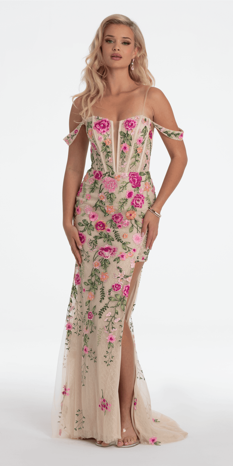 Off the Shoulder Floral Embroidered Column Dress - Camille La Vie