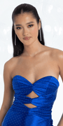 royal-blue/size/4/missy/Camille La Vie/Strapless Satin Sweetheart Trumpet Dress with Peek-a-Boo Bodice and Heat Set Stones/close up