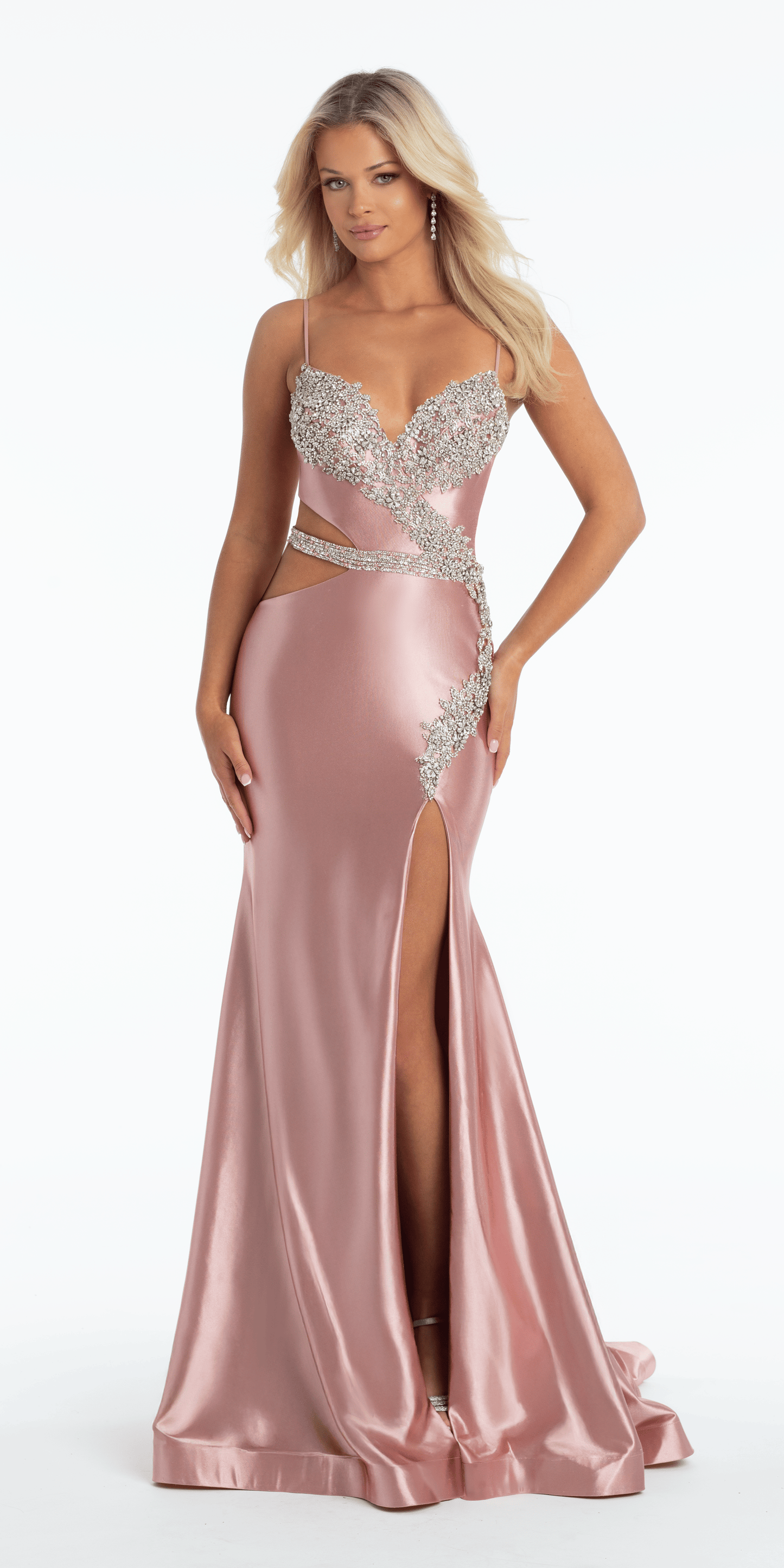 Rhinestone Encrusted Satin Sweetheart Cut Out Mermaid Dress - Camille La Vie