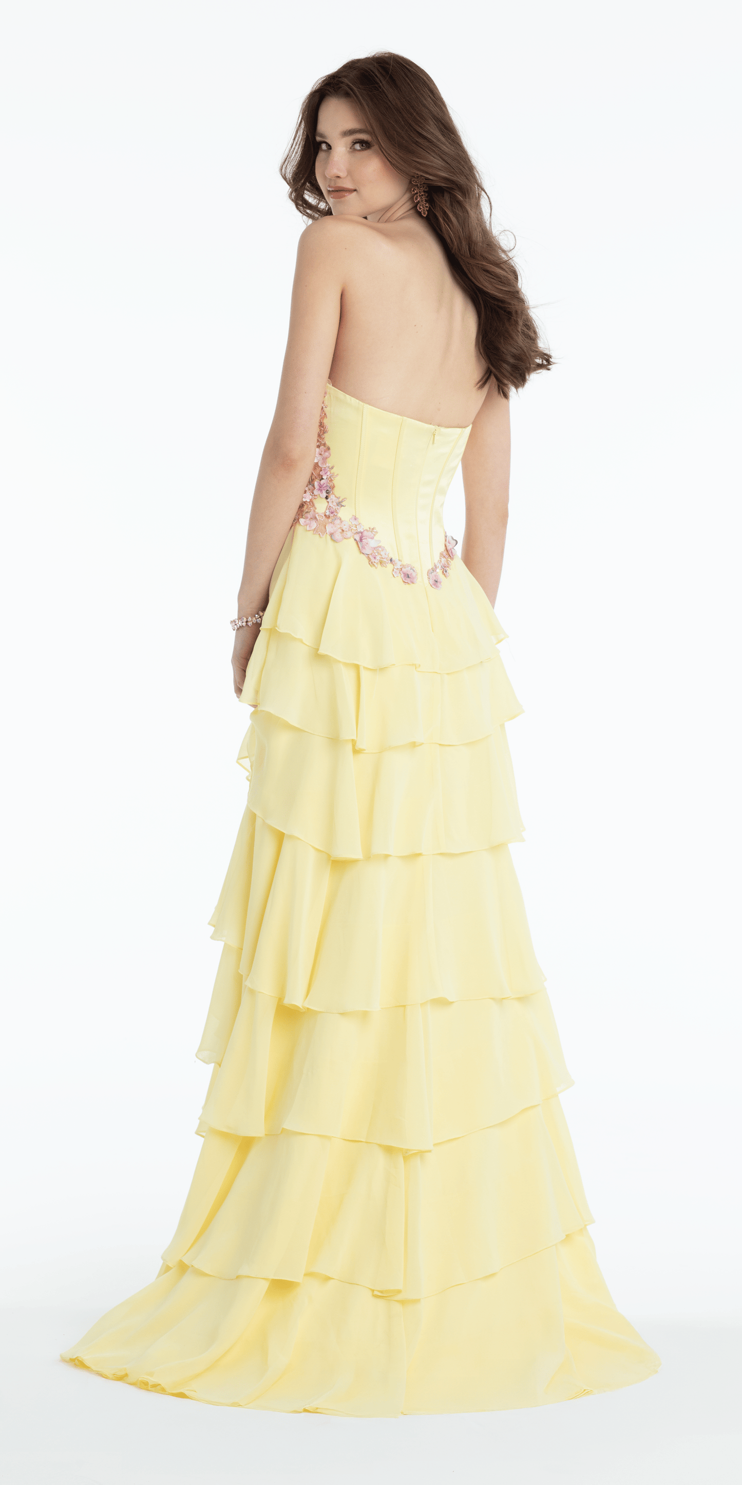 Floral Embellished Drape Corset Tiered Chiffon A Line Dress - Camille La Vie