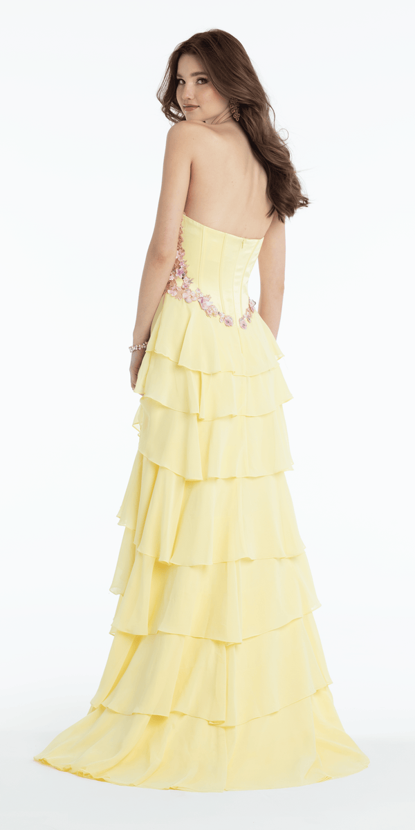 Floral Embellished Drape Corset Tiered Chiffon A Line Dress - Camille La Vie