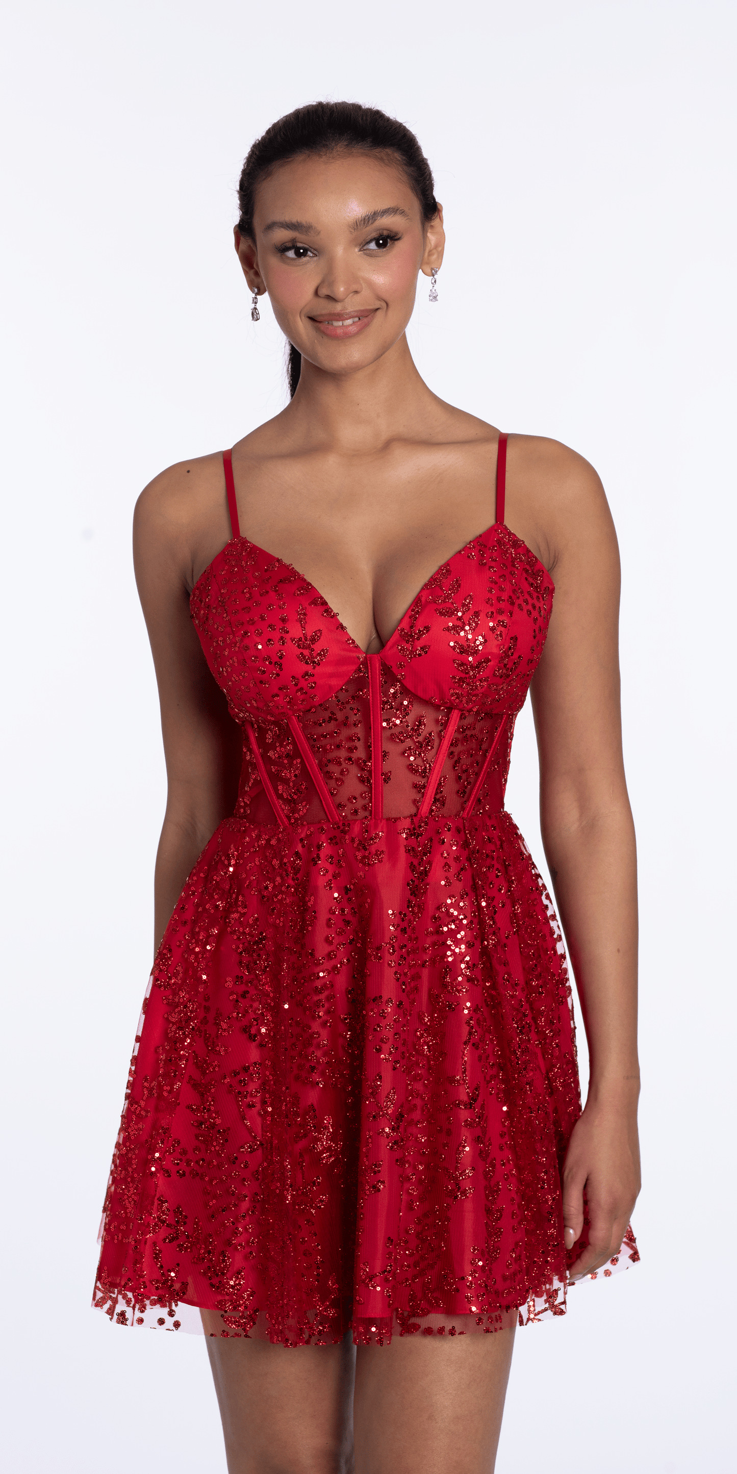 Sweetheart Glitter Mesh Lace Up Back Skater Dress with Pockets - Camille La Vie