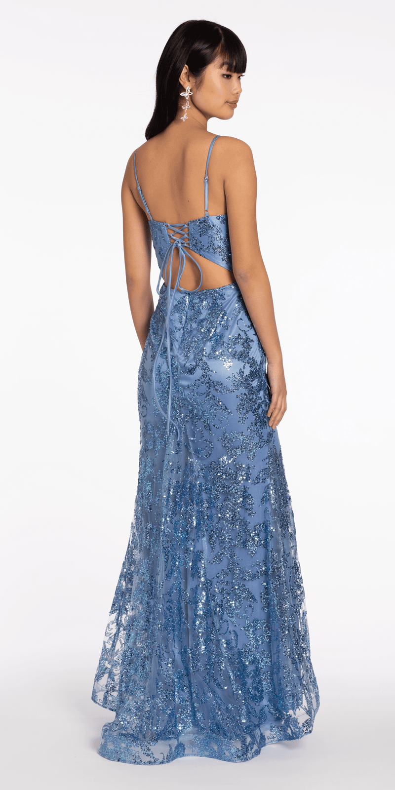 V Neck Sequin Glitter Mesh Trumpet Dress - Camille La Vie