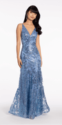 V Neck Sequin Glitter Mesh Trumpet Dress - Camille La Vie